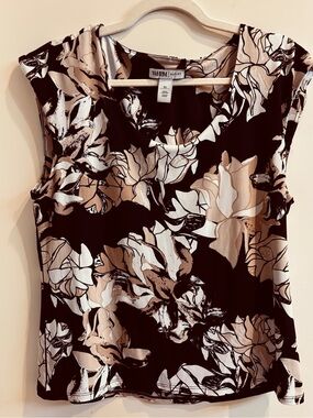 White House Black Market Black Floral Sleeveless Shell Top with Cream Accents
